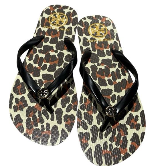 Tory Burch Thin Flip Flop Sandals Animal Leopard PVC/EVA Gold Logo Sz 7 NWOT - Picture 1 of 8